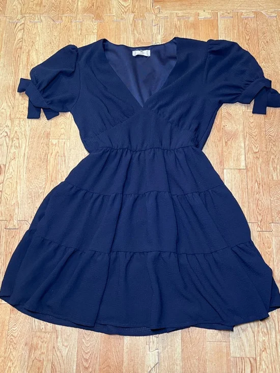 Altar'd State Navy V-Neck Tiered Mini Dress with Puff Sleeves - Picture 2 of 5